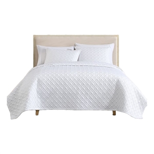 Benjara Keo 3pc Queen Coverlet Set- Reversible- Shams- White Silky Fabric