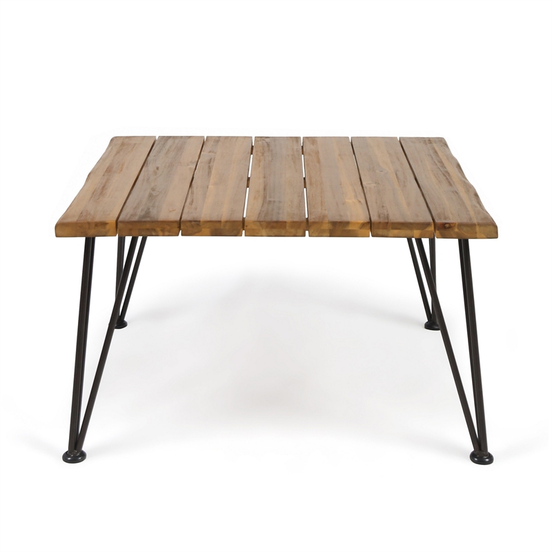 Benjara Zoe Outdoor Coffee Table- Hairpin Legs- 33in Brown Slatted Acacia Wood
