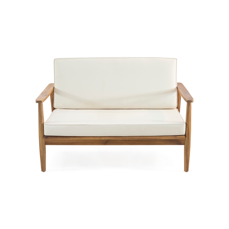 Benjara Roxy 2pc Outdoor Loveseat and Coffee Table Set- Acacia Wood- Cream
