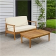 Benjara Roxy 2pc Outdoor Loveseat and Coffee Table Set- Acacia Wood- Cream