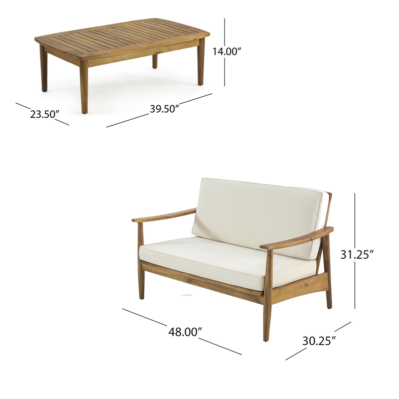 Benjara Roxy 2pc Outdoor Loveseat and Coffee Table Set- Acacia Wood- Cream