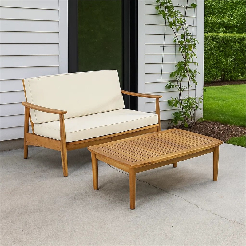 Benjara Roxy 2pc Outdoor Loveseat and Coffee Table Set- Acacia Wood- Cream