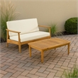 Benjara Roxy 2pc Outdoor Loveseat and Coffee Table Set- Acacia Wood- Cream