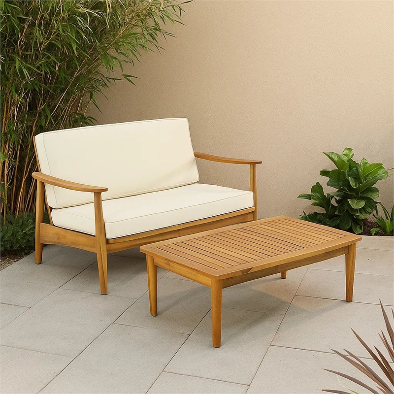 Benjara Roxy 2pc Outdoor Loveseat and Coffee Table Set- Acacia Wood- Cream