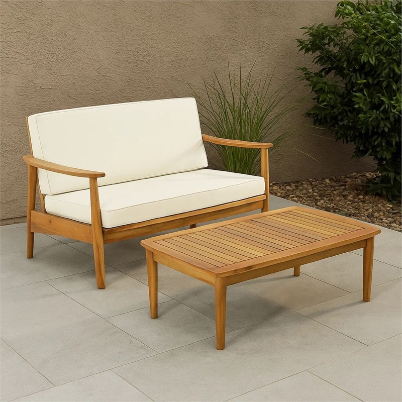 Benjara Roxy 2pc Outdoor Loveseat and Coffee Table Set- Acacia Wood- Cream