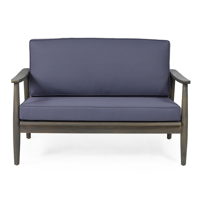 Benjara Roxy 2pc Outdoor Loveseat and Coffee Table Set- Acacia Wood- Dark Gray