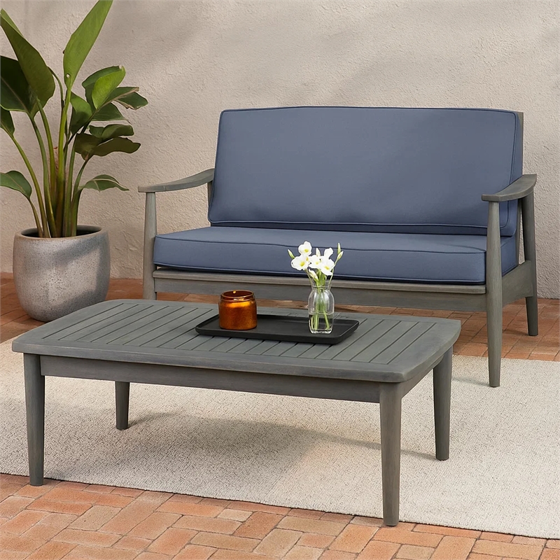 Benjara Roxy 2pc Outdoor Loveseat and Coffee Table Set- Acacia Wood- Dark Gray