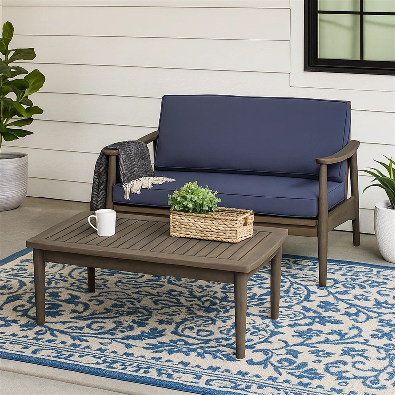 Benjara Roxy 2pc Outdoor Loveseat and Coffee Table Set- Acacia Wood- Dark Gray