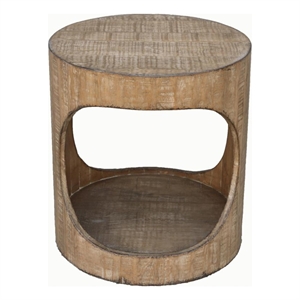 Benjara Roki Side End Table w Shelf- 22&quot Natural Brown Pine Wood Round Top