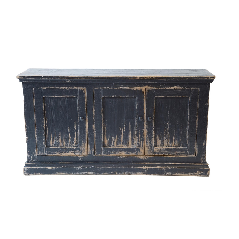 Benjara Miy Sideboard Buffet Cabinet- 3 Door- Antique Black Pine Wood 65 Inch