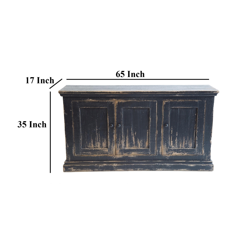 Benjara Miy Sideboard Buffet Cabinet- 3 Door- Antique Black Pine Wood 65 Inch