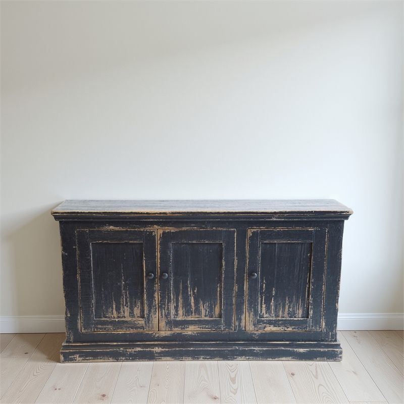 Benjara Miy Sideboard Buffet Cabinet- 3 Door- Antique Black Pine Wood 65 Inch