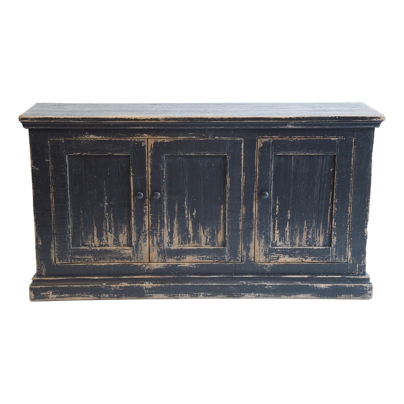 Benjara Miy Sideboard Buffet Cabinet- 3 Door- Antique Black Pine Wood 65 Inch