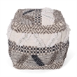 Benjara Ottoman Pouf- 16 Inch- Boho Design- White Beige Woven Wool- Bead Fill