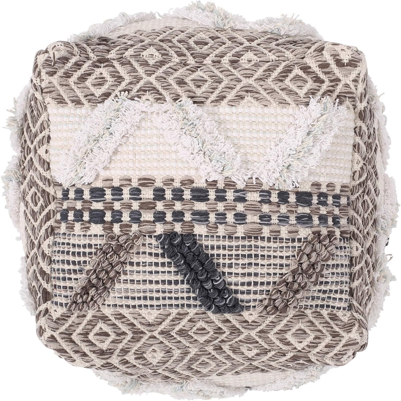 Benjara Ottoman Pouf- 16 Inch- Boho Design- White Beige Woven Wool- Bead Fill