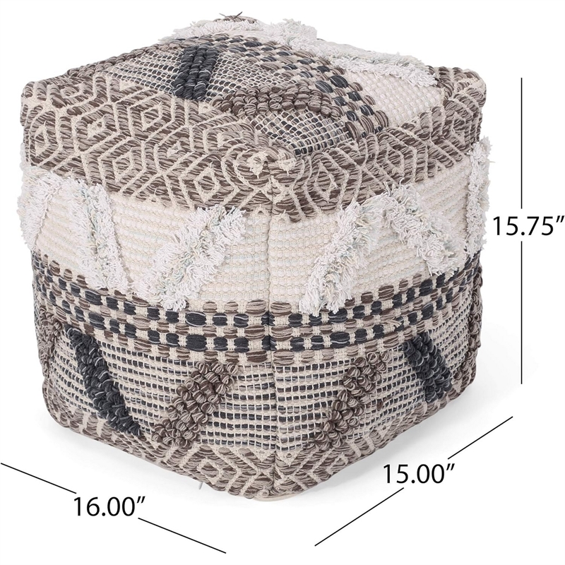 Benjara Ottoman Pouf- 16 Inch- Boho Design- White Beige Woven Wool- Bead Fill