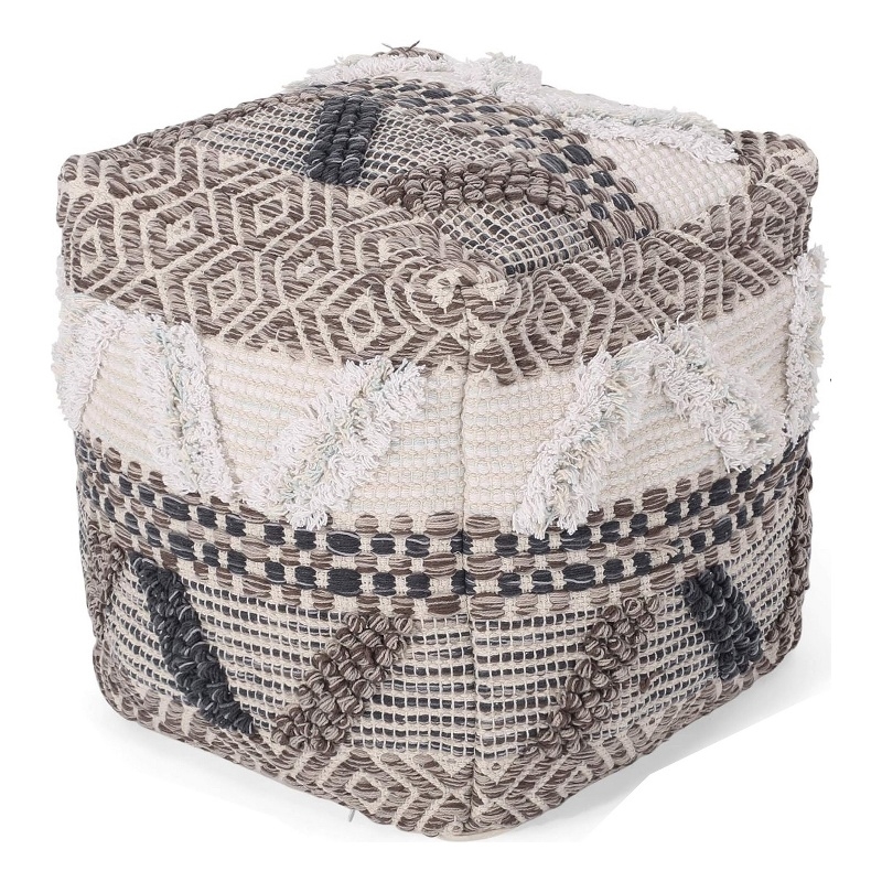 Benjara Ottoman Pouf- 16 Inch- Boho Design- White Beige Woven Wool- Bead Fill