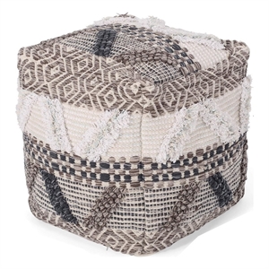 Benjara Ottoman Pouf- 16 Inch- Boho Design- White Beige Woven Wool- Bead Fill