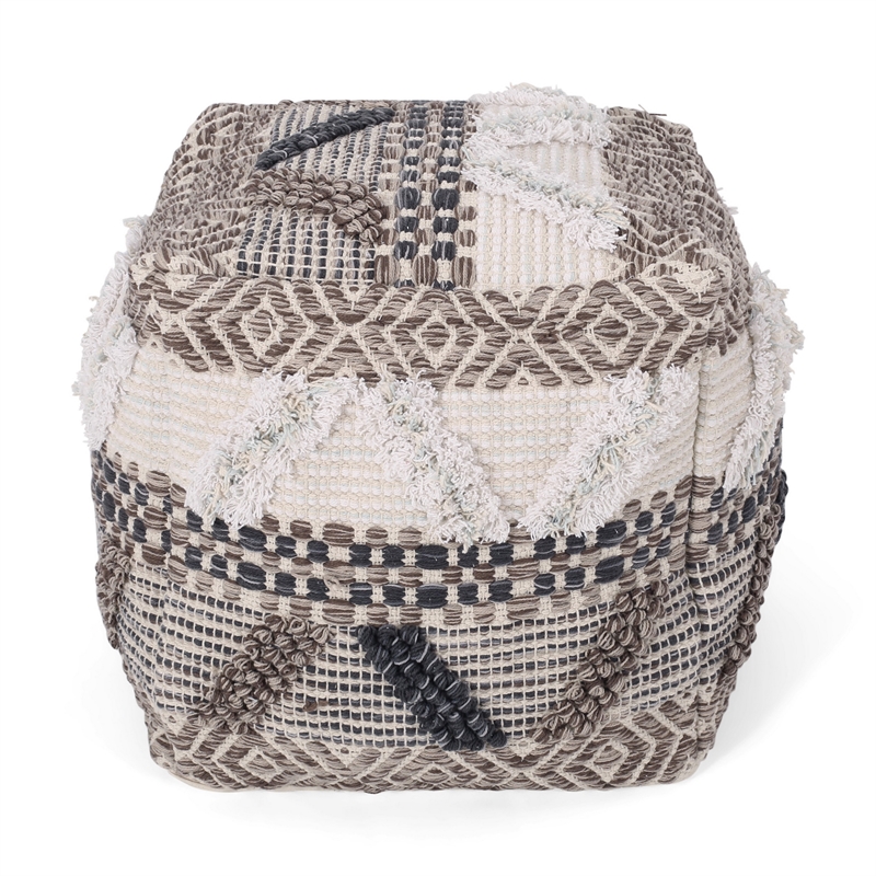 Benjara Ottoman Pouf- 16 Inch- Boho Design- White Beige Woven Wool- Bead Fill