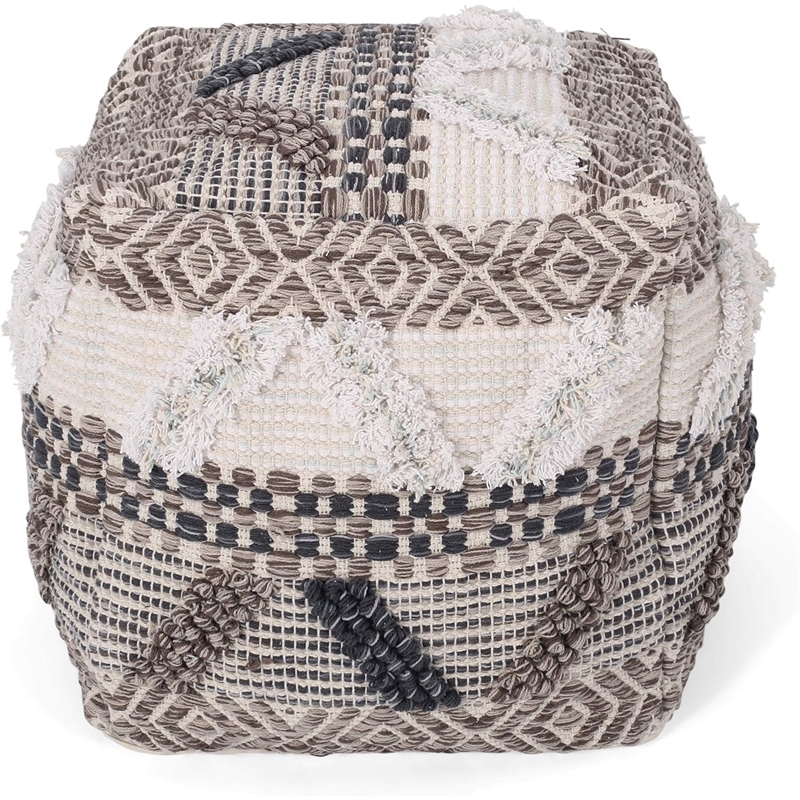 Benjara Ottoman Pouf- 16 Inch- Boho Design- White Beige Woven Wool- Bead Fill
