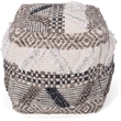 Benjara Ottoman Pouf- 16 Inch- Boho Design- White Beige Woven Wool- Bead Fill