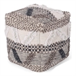 Benjara Ottoman Pouf- 16 Inch- Boho Design- White Beige Woven Wool- Bead Fill