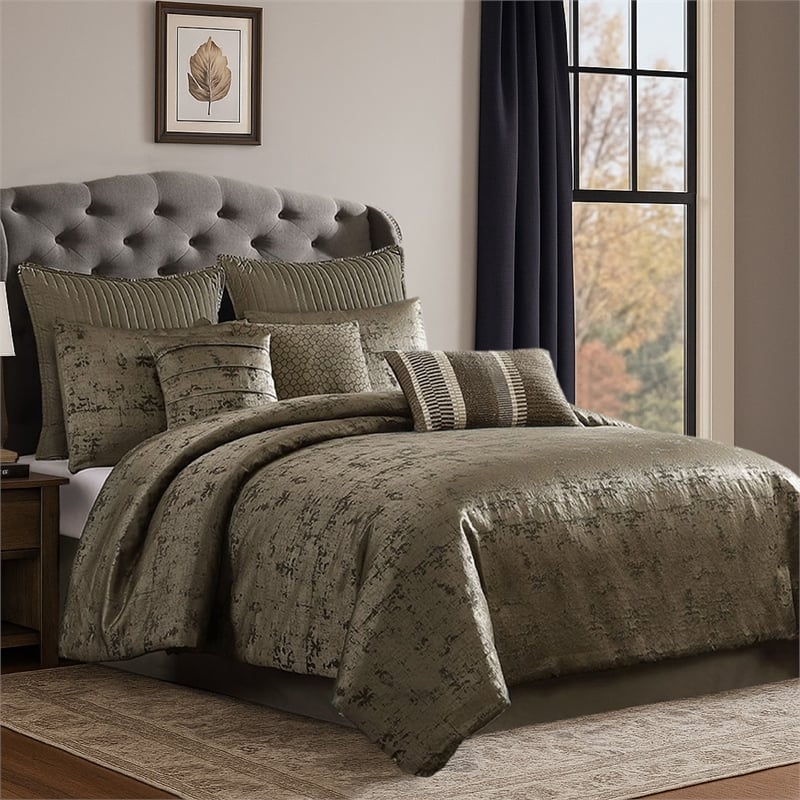 Benjara Beny 10pc King Size Comforter Set- Traditional Gold Woven Jacquard