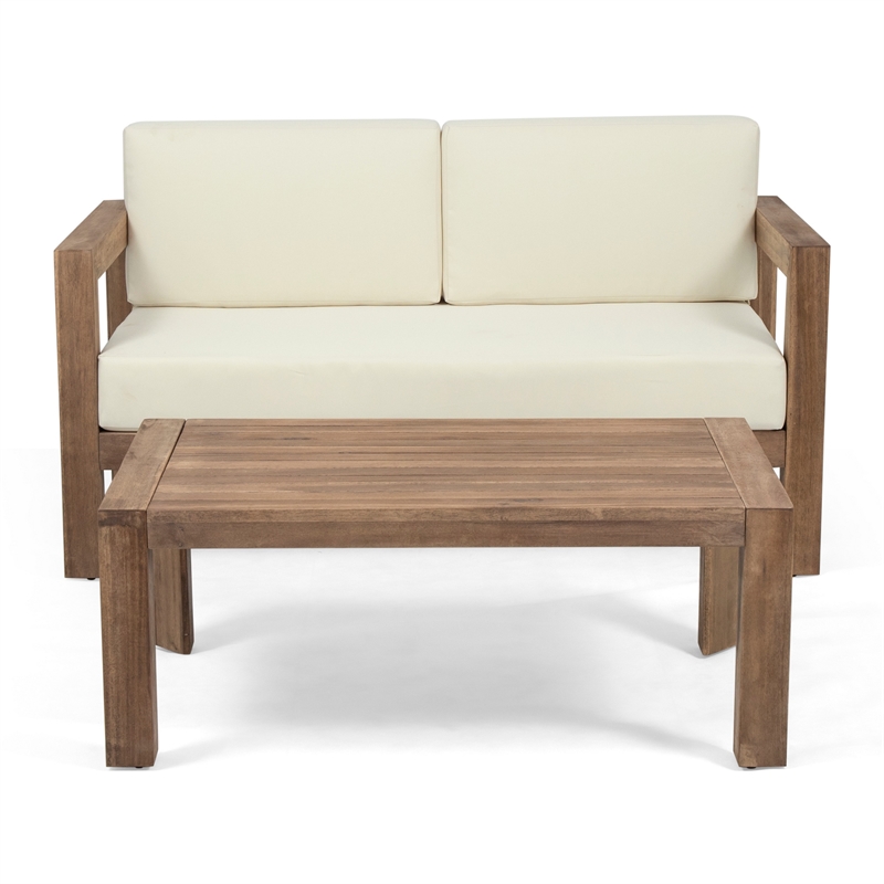 Benjara Outdoor Loveseat and Coffee Table Set- Beige Fabric- Brown Acacia Wood