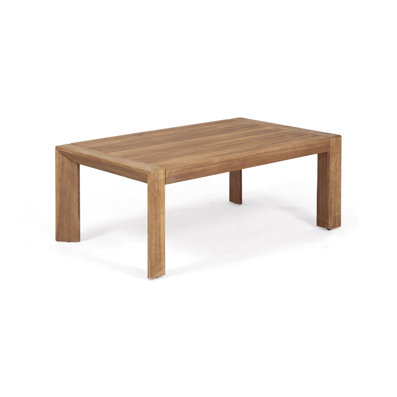 Benjara Outdoor Loveseat and Coffee Table Set- Beige Fabric- Brown Acacia Wood