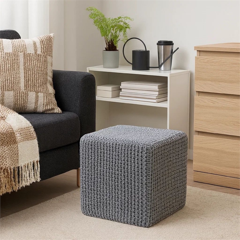Benjara Square Knitted Footstool Ottoman- Handwoven Design 17