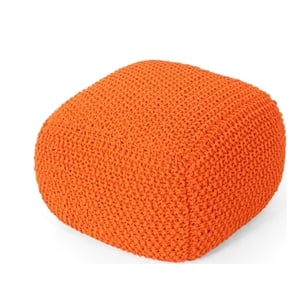 Benjara Alen Knitted Pouf with Handwoven Cube Details- 21&quot Orange Cotton
