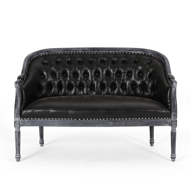 Benjara Sofa- 50 Inch- Button Tufted Design- Birch Wood- Black Faux Leather