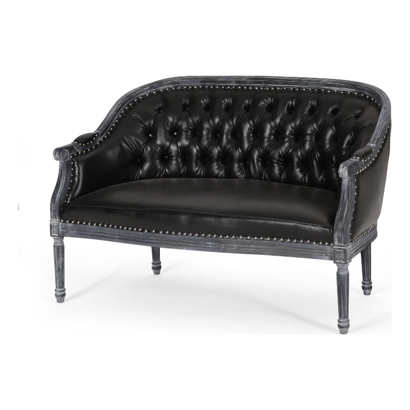Benjara Sofa- 50 Inch- Button Tufted Design- Birch Wood- Black Faux Leather