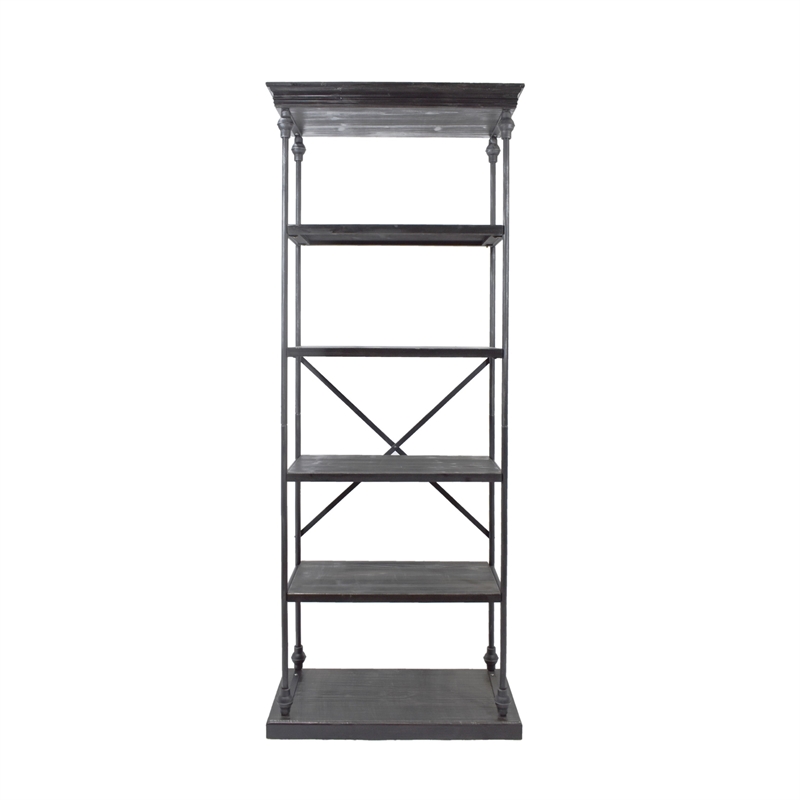 Benjara Sweet Bookcase- 85 Inch- 5 Shelves- Gray Metal Pipe Design- Fir Wood