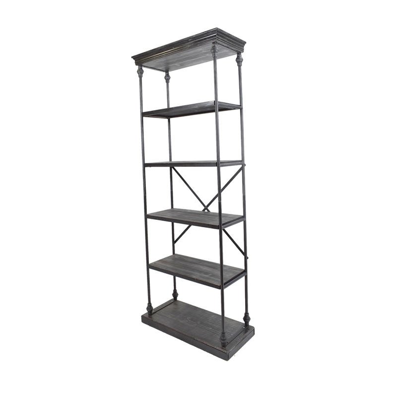 Benjara Sweet Bookcase- 85 Inch- 5 Shelves- Gray Metal Pipe Design- Fir Wood