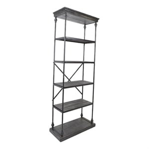 Benjara Sweet Bookcase- 85 Inch- 5 Shelves- Gray Metal Pipe Design- Fir Wood