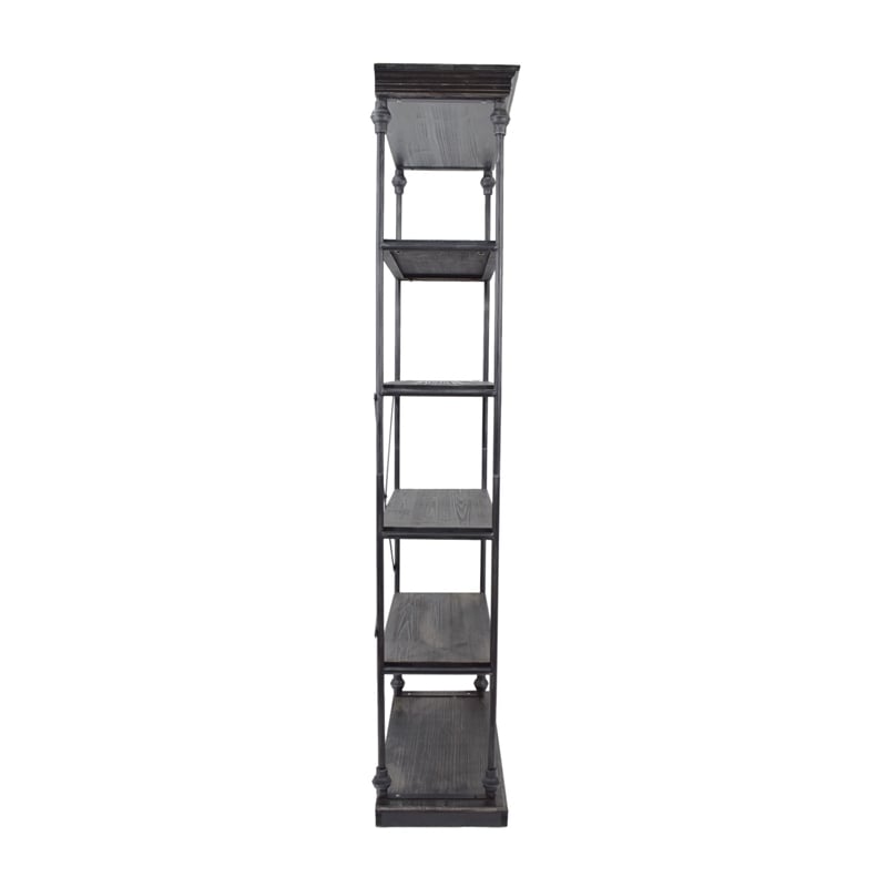 Benjara Sweet Bookcase- 85 Inch- 5 Shelves- Gray Metal Pipe Design- Fir Wood