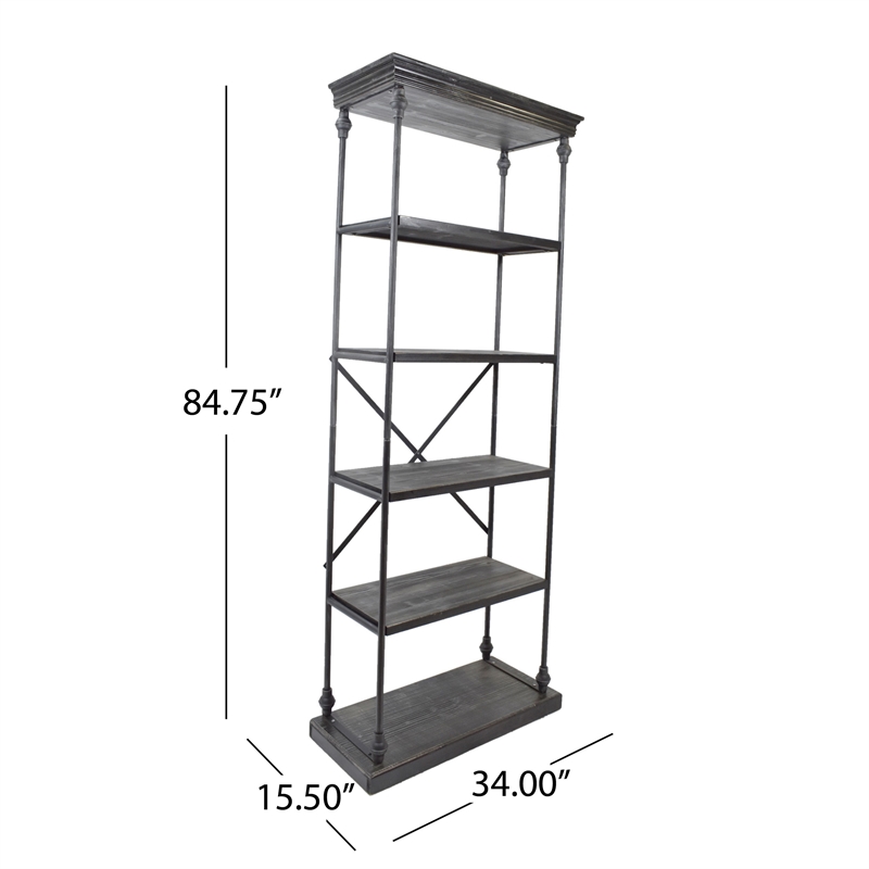 Benjara Sweet Bookcase- 85 Inch- 5 Shelves- Gray Metal Pipe Design- Fir Wood