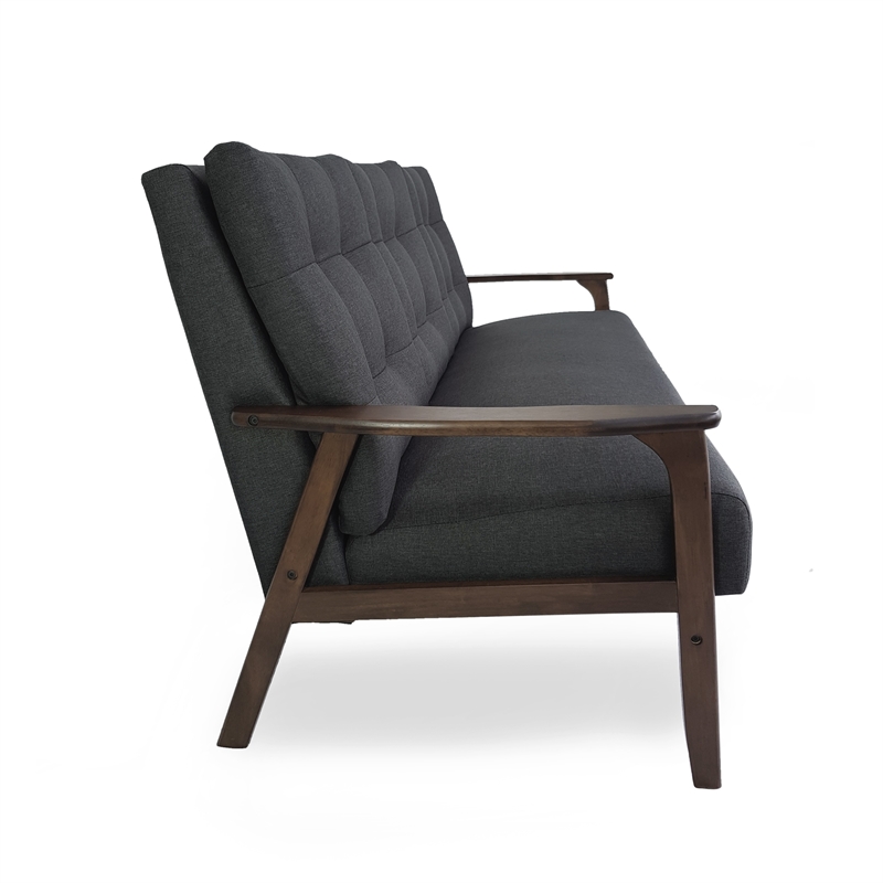 Benjara Sofa- 66 Inch- Button Tufted Design Dark Gray Fabric- Birch Wood