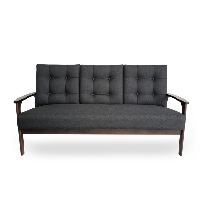 Benjara Sofa- 66 Inch- Button Tufted Design Dark Gray Fabric- Birch Wood