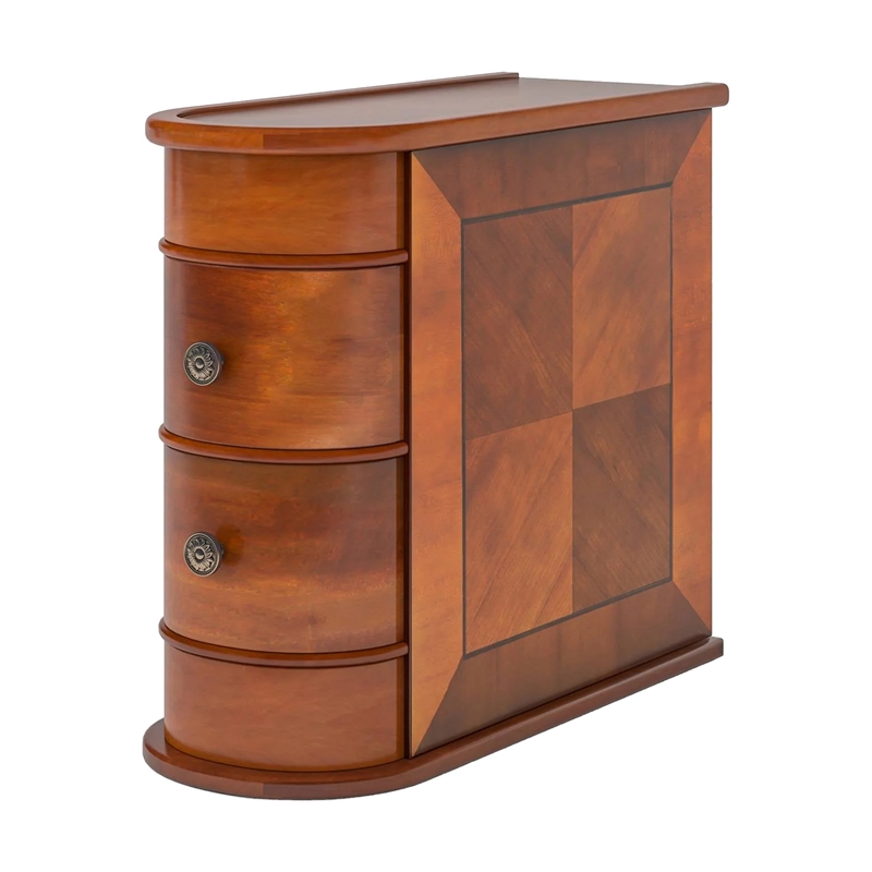 Benjara Arc Side End Table- Walnut Brown- 2 Drawers- 24