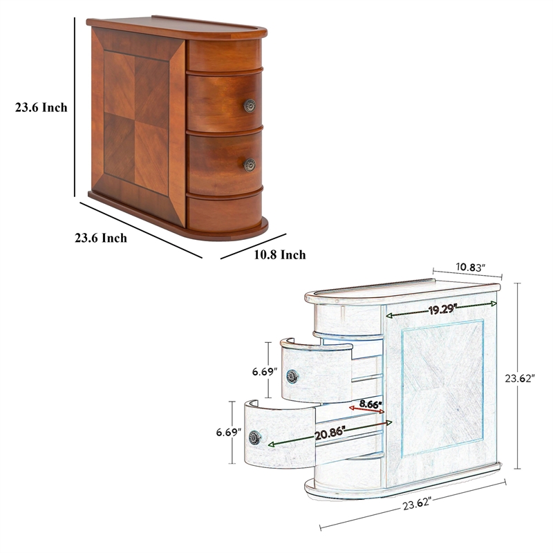 Benjara Arc Side End Table- Walnut Brown- 2 Drawers- 24