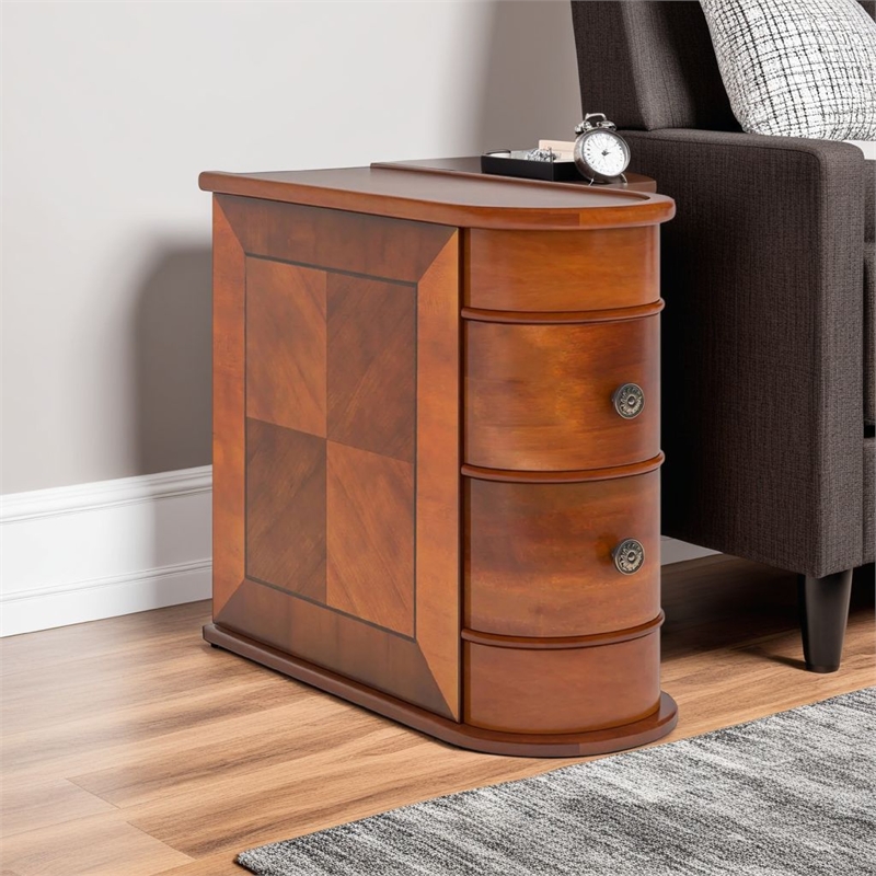 Benjara Arc Side End Table- Walnut Brown- 2 Drawers- 24