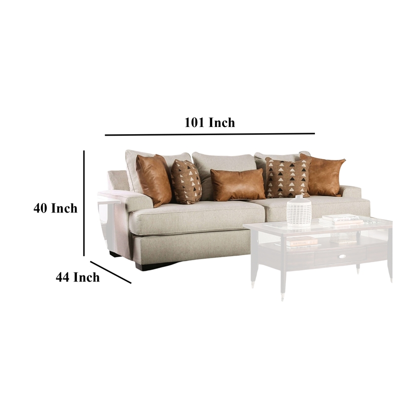 Benjara Adow Sofa-- 4 Accent PIllows 1 Lumbar- 101 Inch- Sand Caramel