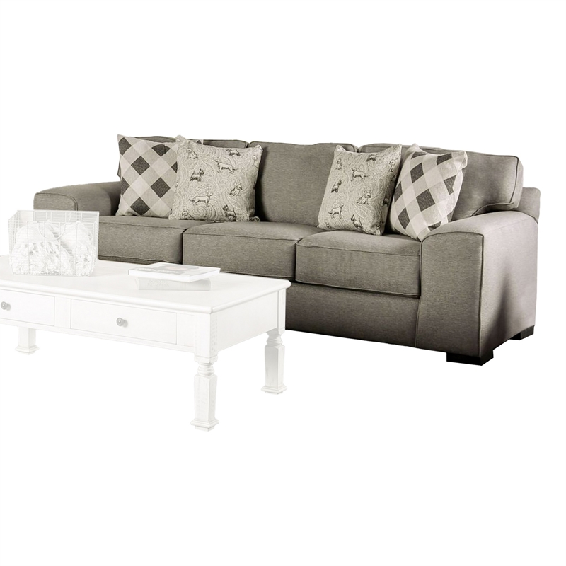 Benjara Edison Sofa- Gray Fabric- 4 Accent Throw Pillows- Track Arms- 101 Inch