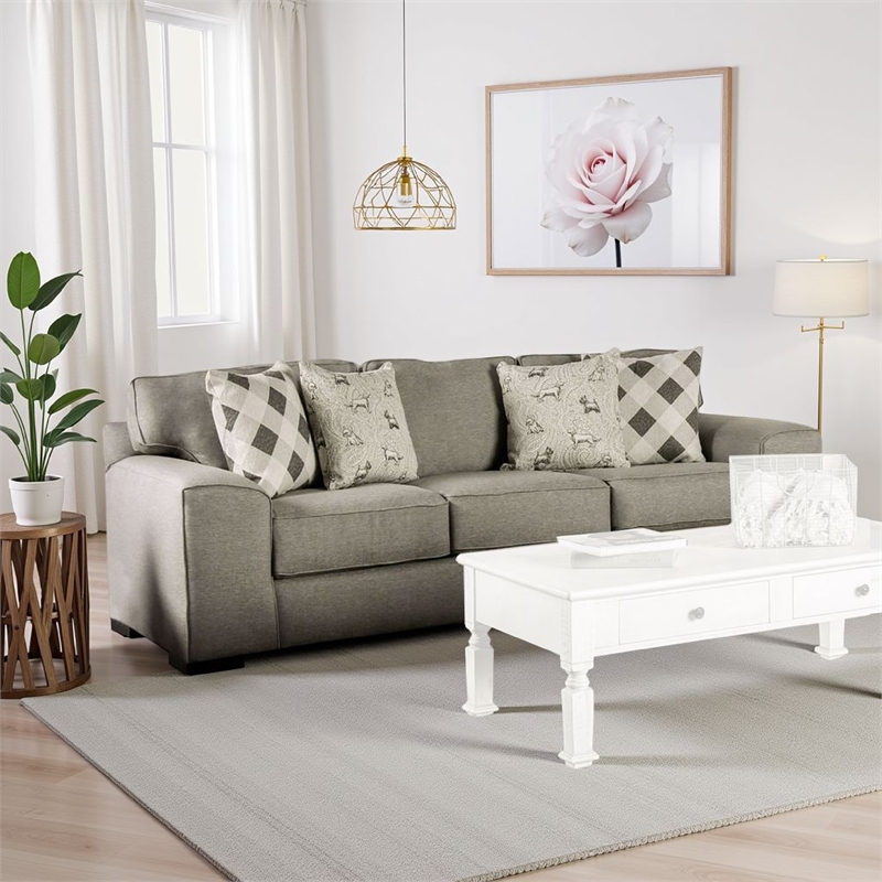 Benjara Edison Sofa- Gray Fabric- 4 Accent Throw Pillows- Track Arms- 101 Inch