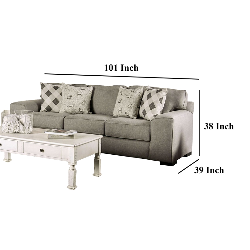 Benjara Edison Sofa- Gray Fabric- 4 Accent Throw Pillows- Track Arms- 101 Inch