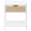 Benjara Lanie Bedside Table with Drawer and Open Shelf- PE Cane- White Metal