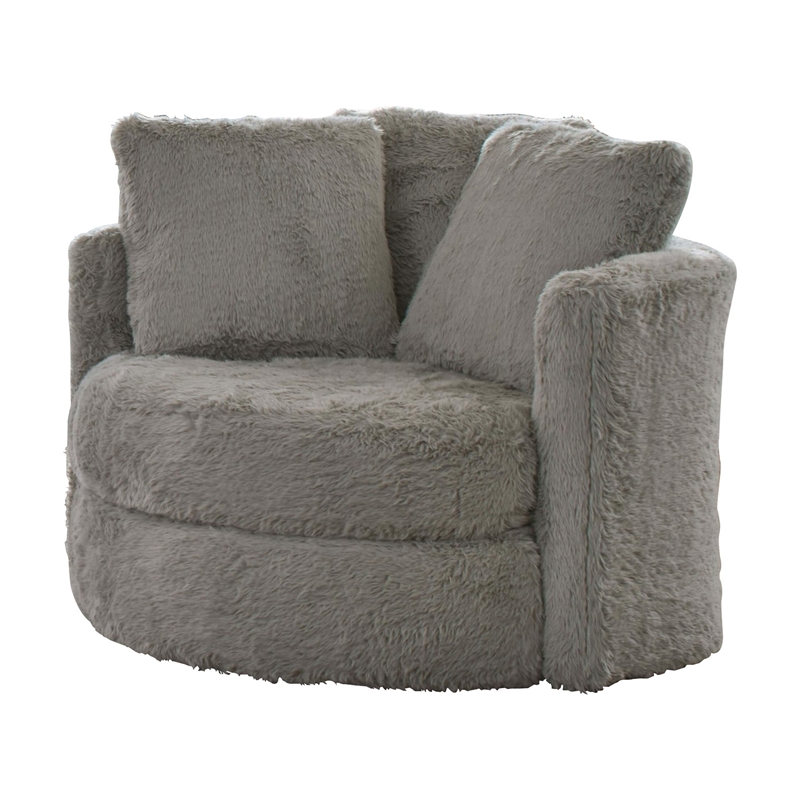 Benjara Rane Swivel Accent Chair- Gray Chenille- Barrel Shape- Solid Wood