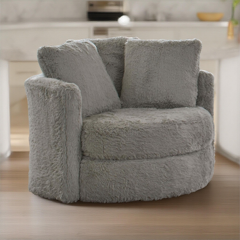 Benjara Rane Swivel Accent Chair- Gray Chenille- Barrel Shape- Solid Wood